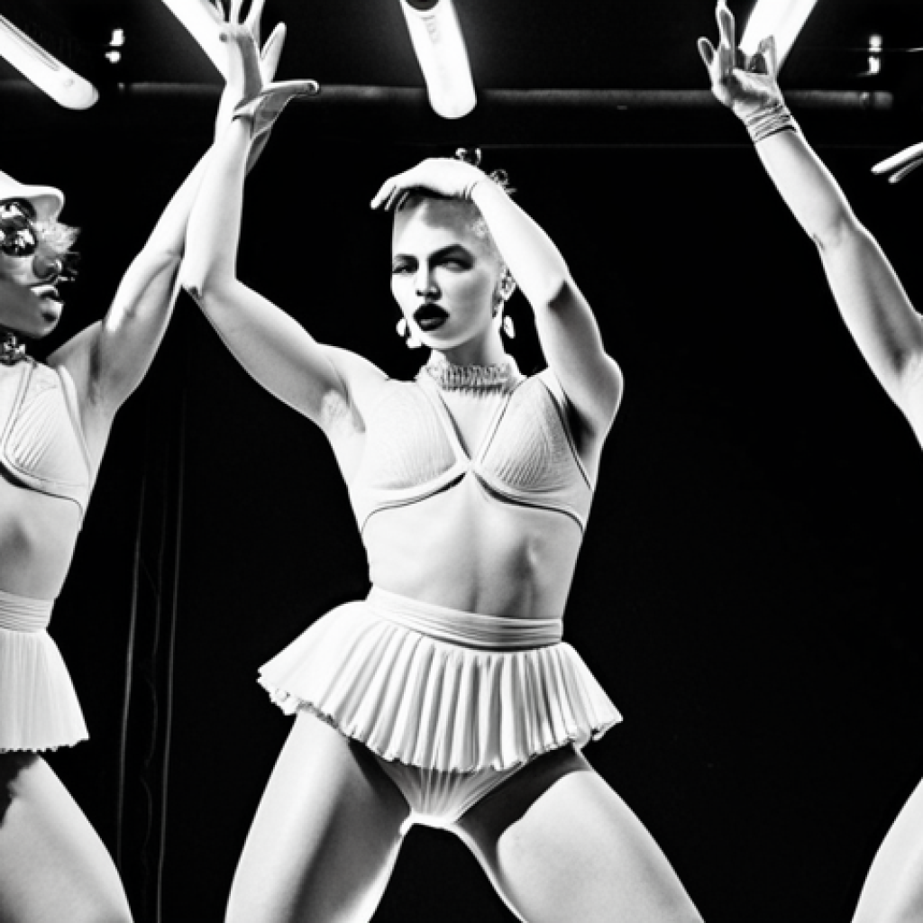**Voguing Underground Glamour:**
    "Dynamic black and white image of multiple dancers performing voguing in a dimly lit, energetic underground club. Sharp, expressive poses with elegant hand movements, powerful silhouettes against spotlights. The atmosphere reflects freedom, self-expression, and a celebration of individuality, evoking the raw essence of Madonna's 'Vogue' and its origins in LGBTQ+ culture."