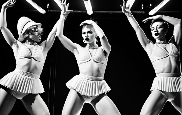 **Voguing Underground Glamour:**
"Dynamic black and white image of multiple dancers performing voguing in a dimly lit, energetic underground club. Sharp, expressive poses with elegant hand movements, powerful silhouettes against spotlights. The atmosphere reflects freedom, self-expression, and a celebration of individuality, evoking the raw essence of Madonna's 'Vogue' and its origins in LGBTQ+ culture."